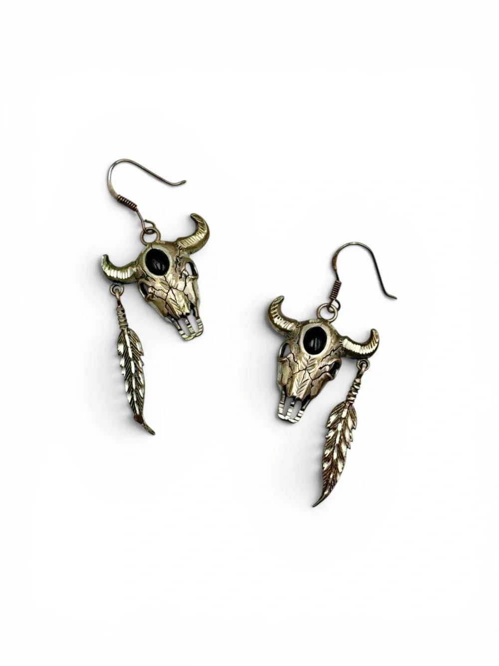 Vintage Sterling Silver Bull Skull Black Onyx Feather Dangle Earrings 11.1 Grams